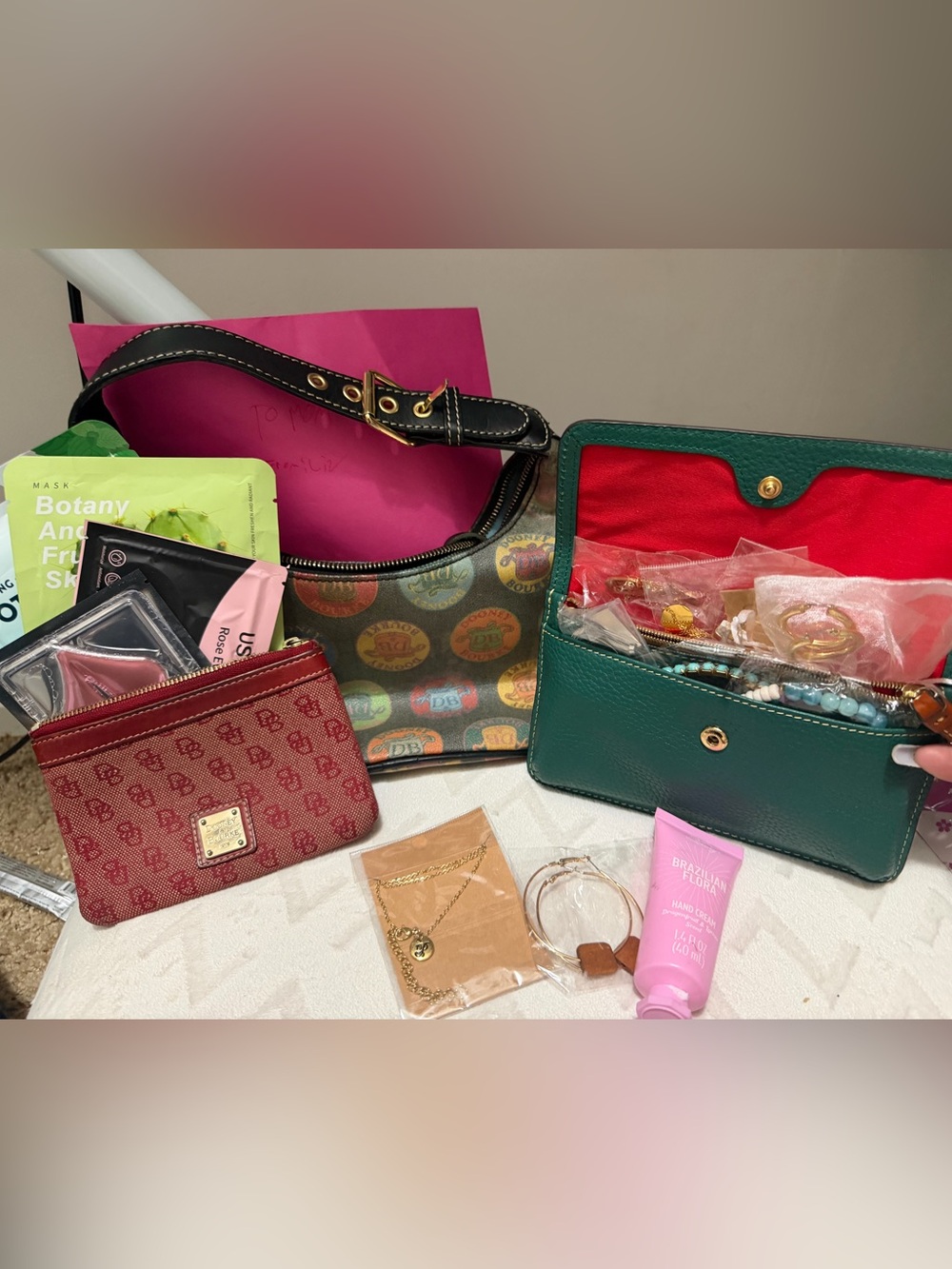 Dooney & Bourke Multicolor Printed Shoulder Bag & Green Leather Wallet *extras!
